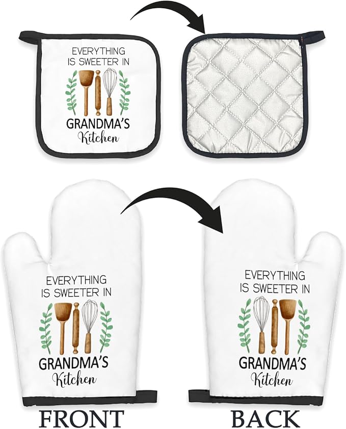 Grandma Gifts Oven Mitts and Pot Holders Sets, Grandmas Gifts from Grandkids Kitchen Decor Accessories Sets, Grandma's Kitchen Heat Resistant Oven Glove Potholders for Kitchens Cooking Baking
