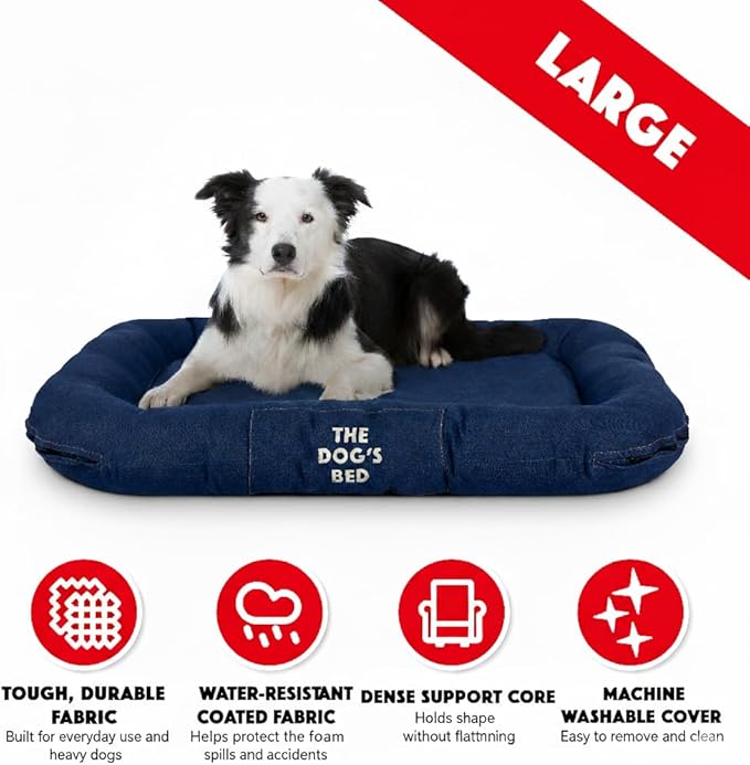 The Dog’s Bed Utility Waterproof Dog Bed, Large, Blue Denim – Durable Outdoor Denim Fabric, Tough YKK Zippers, Washable Removable Reversible Cover, for Home Car Crate Kennel & Yard