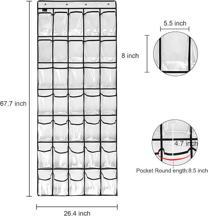 TidyMaster Clear Crystal 2 Pack 35 Pockets Large Hanging Shoe Organizer Over The Door Shoe Rack for Closet Door Storage Shoe Holder Hanger, 8Hooks, white