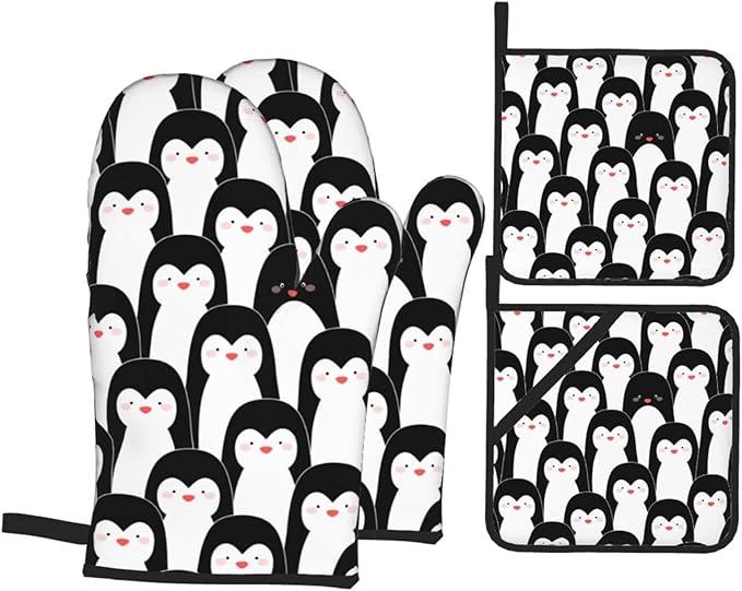 Penguin Cute Oven Mitts and Pot Holders Set of 4, Oven Mittens and Potholders Heat Resistant Gloves for Kitchen Cooking Baking Grilling BBQ