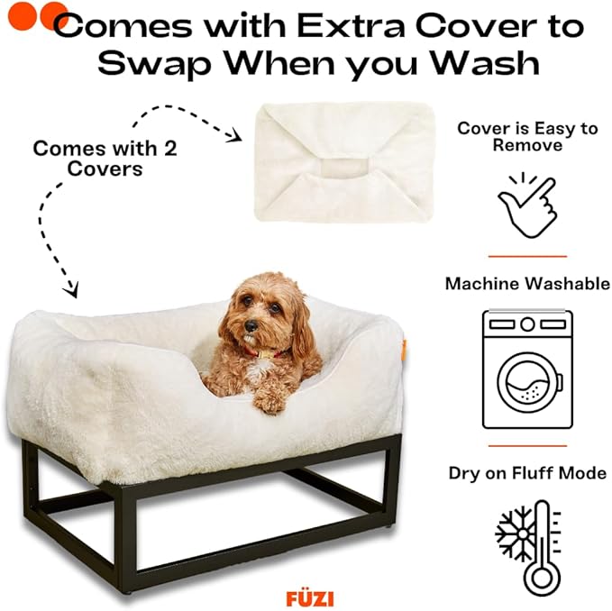 FUZI Elevated Dog Bed Small with Extra Cover, Luxury Raised Pet Bed, Removable and Machine Washable Cover, Indoor/Outdoor Orthopedic, Small 25.1x16.75x18 Soft White and Black Base