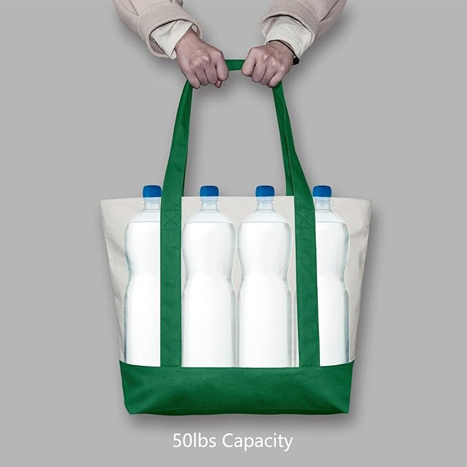 TOPDesign 1-Pack Canvas Tote Bag with an External Pocket, Reusable Grocery Shopping Bag, Top Zipper Closure, Daily Essentials (Green/Natural)