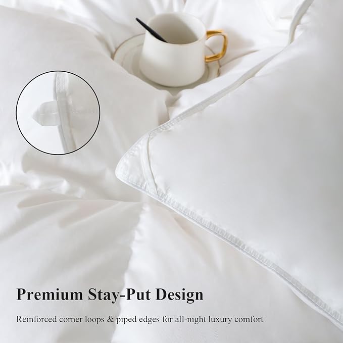 Globon Queen Goose Down Comforter,800 Fill Power All Seasons Luxury Duvet Insert,420 Thread Count Soft Noiseless Shell, Medium Weight with 8 Corner Tabs, White