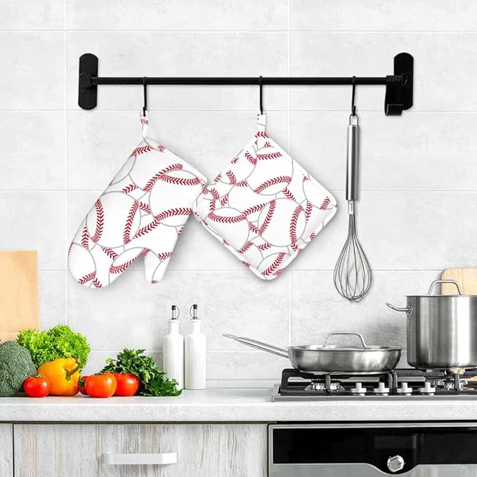 Mxocom Baseball Oven Mitts and Pot Holders Sets Tennis Ball Silicone Heat Resistant Kitchen Oven Gloves Pot Holder for Cooking