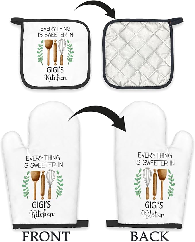 Gigi Gifts Oven Mitts and Pot Holders Sets, Gigis Gifts from Grandkids Kitchen Decor Accessories Sets, Sweeter in Gigi's Kitchen Heat Resistant Oven Glove Potholders for Kitchens Cooking Baking