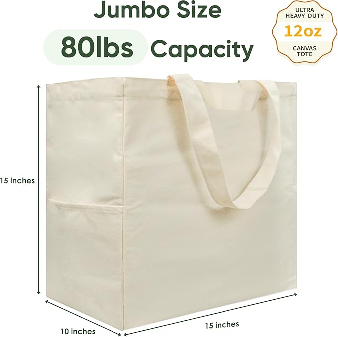 Dwscroad Canvas Tote Bag, Heavy Duty Reusable Grocery Bags with Pockets, Large Shopping Bags (3 Pack)