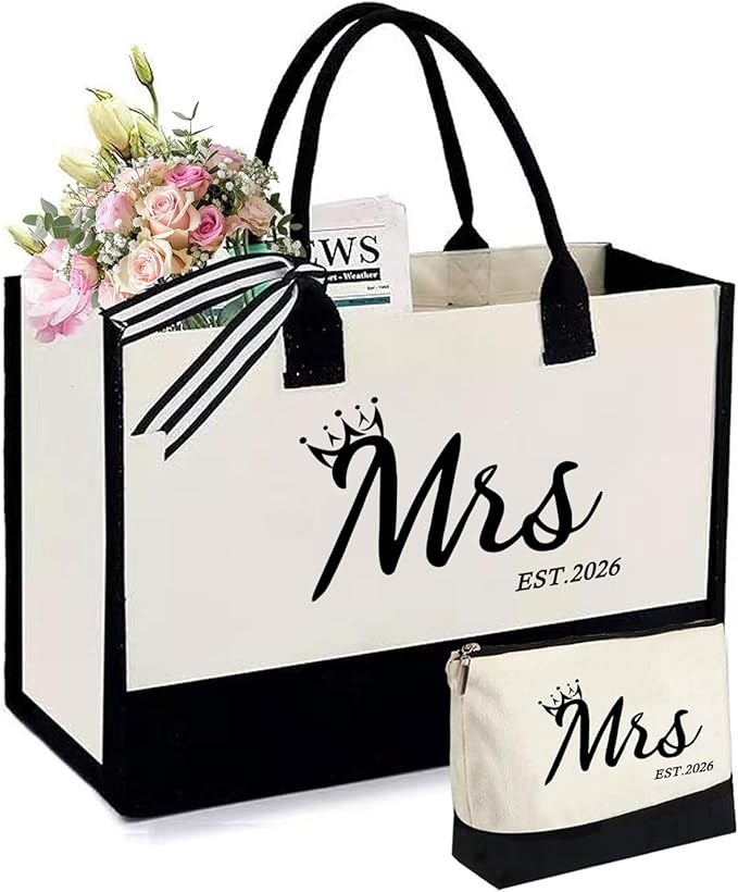 KDBDSYZB Mrs 2026 Bride Canvas Tote Bag, Gifts for Wedding BridalShower, mrs 2026 bag with Makeup Bag，Bachelorette Party, Bride to be Gifts, Miss to Mrs Bag,Christmas Personalized Bridesmaid Gift