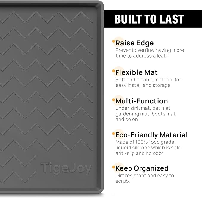 TigeJoy Under Sink Mats for Kitchen Waterproof, Leak-Proof Silicone Mat Sink Protector and Cabinet Liner, Kitchen Essentials Organizer and Storage 31" x 22" Light Grey