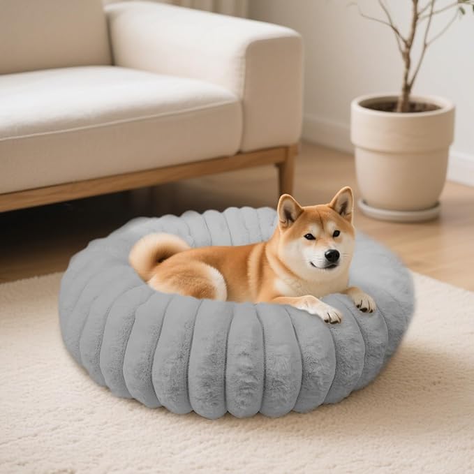 Vhen When Donut Dog and Cat Bed, Luxurious Comfortable Faux Rabbit Fur Pet Beds, Round Anti-Anxiety Calming Puppy Kitten Bed with Anti-Slip Bottom for Small Medium Dogs & Cats(31", Grey)