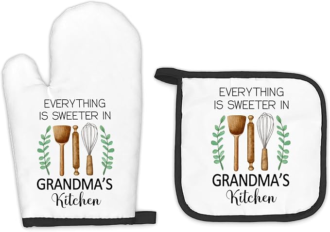 Grandma Gifts Oven Mitts and Pot Holders Sets, Grandmas Gifts from Grandkids Kitchen Decor Accessories Sets, Grandma's Kitchen Heat Resistant Oven Glove Potholders for Kitchens Cooking Baking