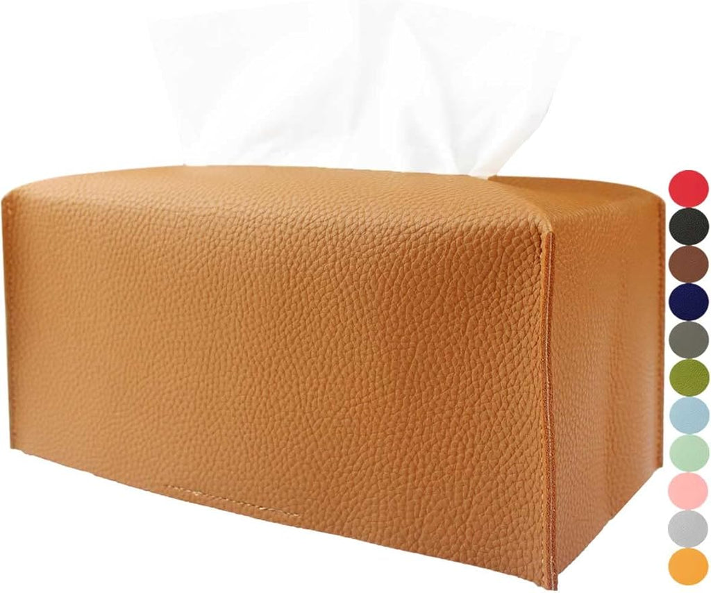 Tissue Box Cover Rectangular Leather – with Bottom Belt [JESMINI, Camel] Modern PU Leather Rectangle Tissue Holder Decorative for Bathroom Vanity Countertop/Night Stands/Office Desk