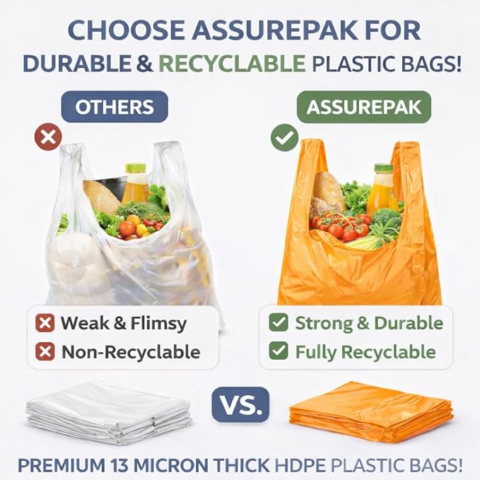 ASSUREPAK Easy Open - 1000 Bags - Colored Unprinted HDPE T-Shirt Bags - 1/6 BBL 11.5"X6"X21" - 13 microns - Orange - Perfect for Groceries, Shopping and Retail Stores LOOP-ORANGE-EO