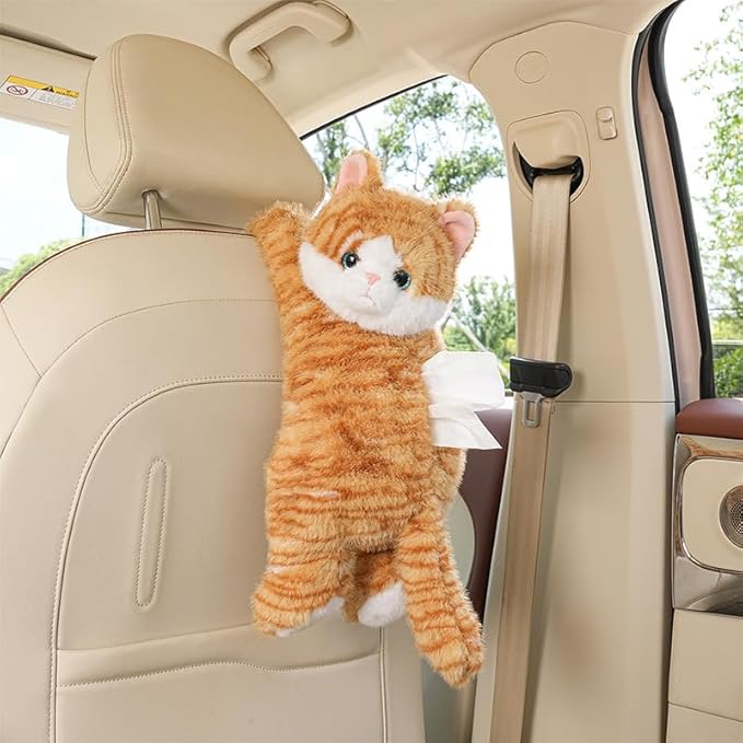 WASTROYAL Cute Cat Car Tissue Box Cover with Plush Doll, Hanging Vehicle Interior Organizer, Adorable Auto Decoration & Practical Accessory (Yellow)