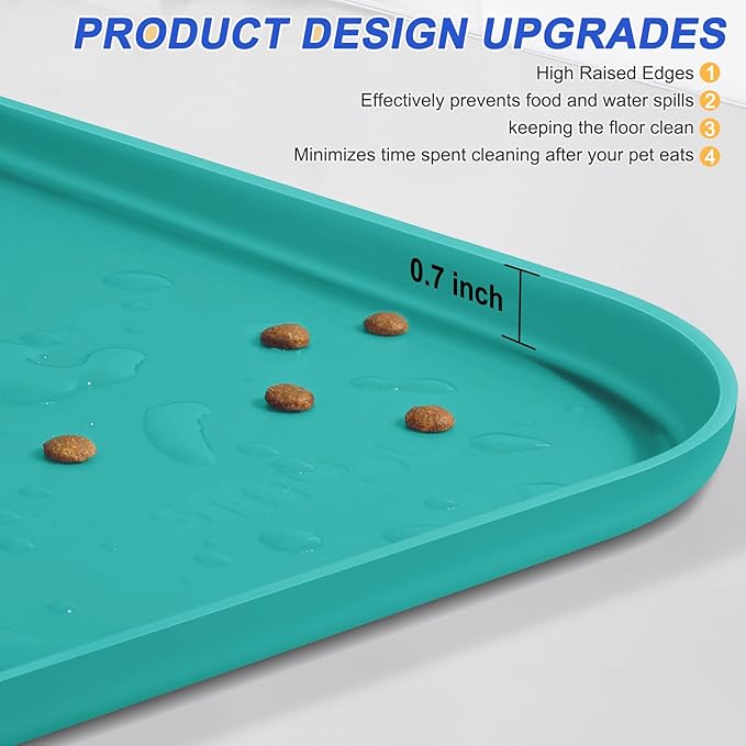 SMILOOL Silicone Pet Feeding Mat with Raised Edge for Food and Water, Dog Bowl Mats, Cat Bowls Placemat with High Lip for Floor Waterproof, Rubber Tray for Cats and Dogs 19 x 12 x0.7 Dark Turquoise
