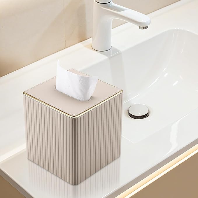 KINGFOM Square Tissue Box Cover, PU Leather Tissue Box Holder for Kleenexs with Magnetic Bottom Cover for Facial Tissues/Napkins, Office & Living Room Decor Box Beige