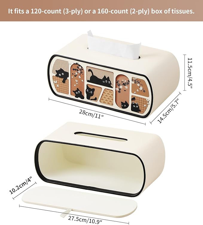 MEIBOOCH Cat-Themed Tissue Box Cover Rectangle, Stylish Tissue Holder for up to 4 Inches High Boxes, Curved Edge Tissue Box Holder (Beige)