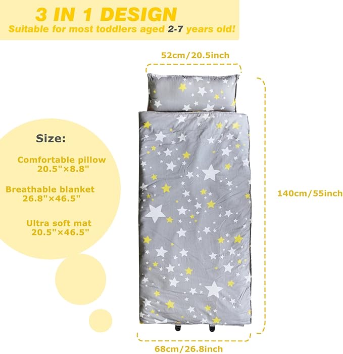 Hi Sprout Toddlers Nap Mat with Removable Pillow and Soft Blanket, Lightweight Daycare Preschool Kindergarten Sleeping Bag, Travel Slumber for Kids Girls Boys