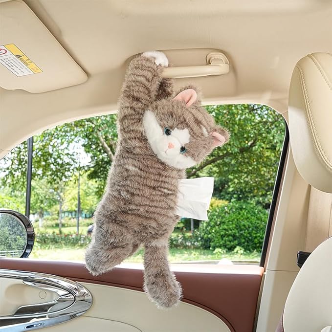 WASTROYAL Cute Cat Car Tissue Box Cover with Plush Doll, Hanging Vehicle Interior Organizer, Adorable Auto Decoration & Practical Accessory (Grey)