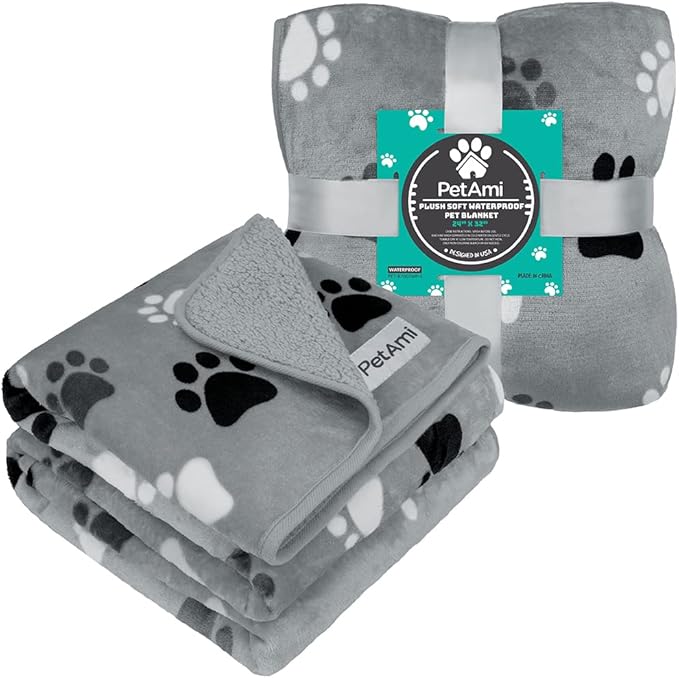 PetAmi Waterproof Dog & Cat Blanket, Pee Proof for Couch, Reversible, Soft Fleece, Washable, 24x32 Paw Gray