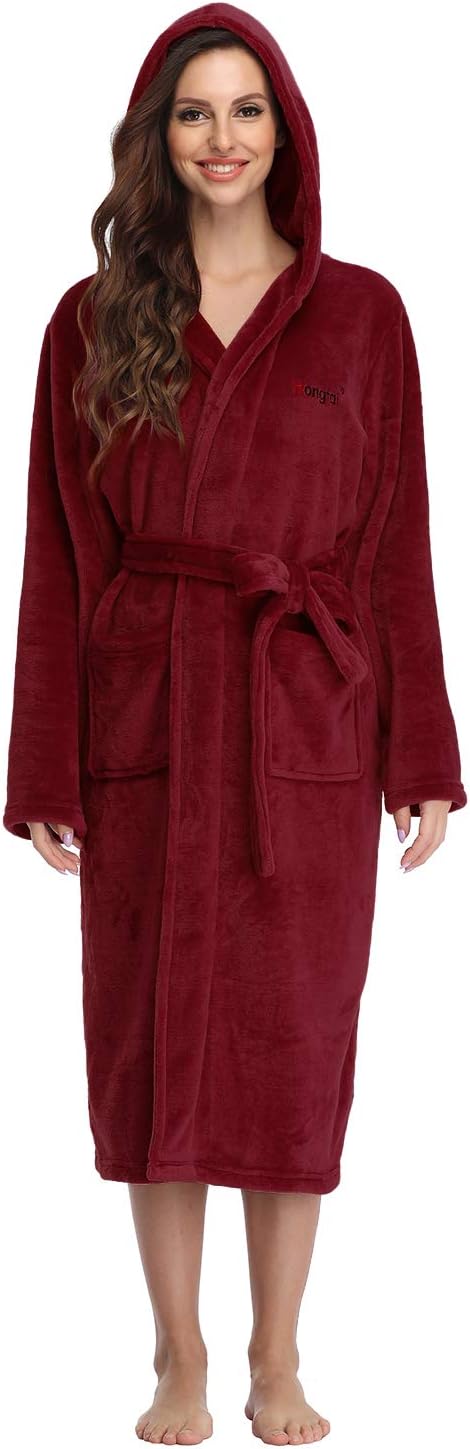 RONGTAI Womens Robes Plush Fleece Hooded Bathrobe Thick Nightgown with Pockets Fluffy Sleepwear