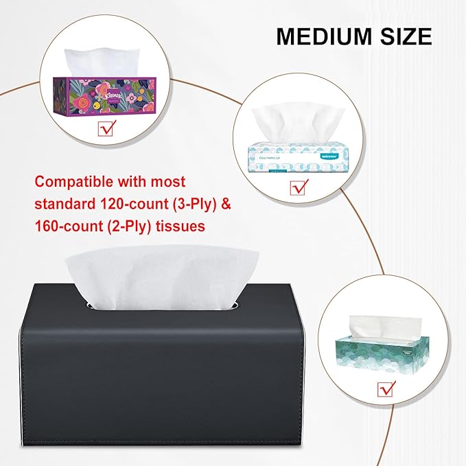 KINGFOM Tissue Box Cover, PU Leather Rectangular Tissue Box Holder with Magnetic Bottom Cover for Facial Tissues/Napkins, Office & Living Room Decor Box (Black)