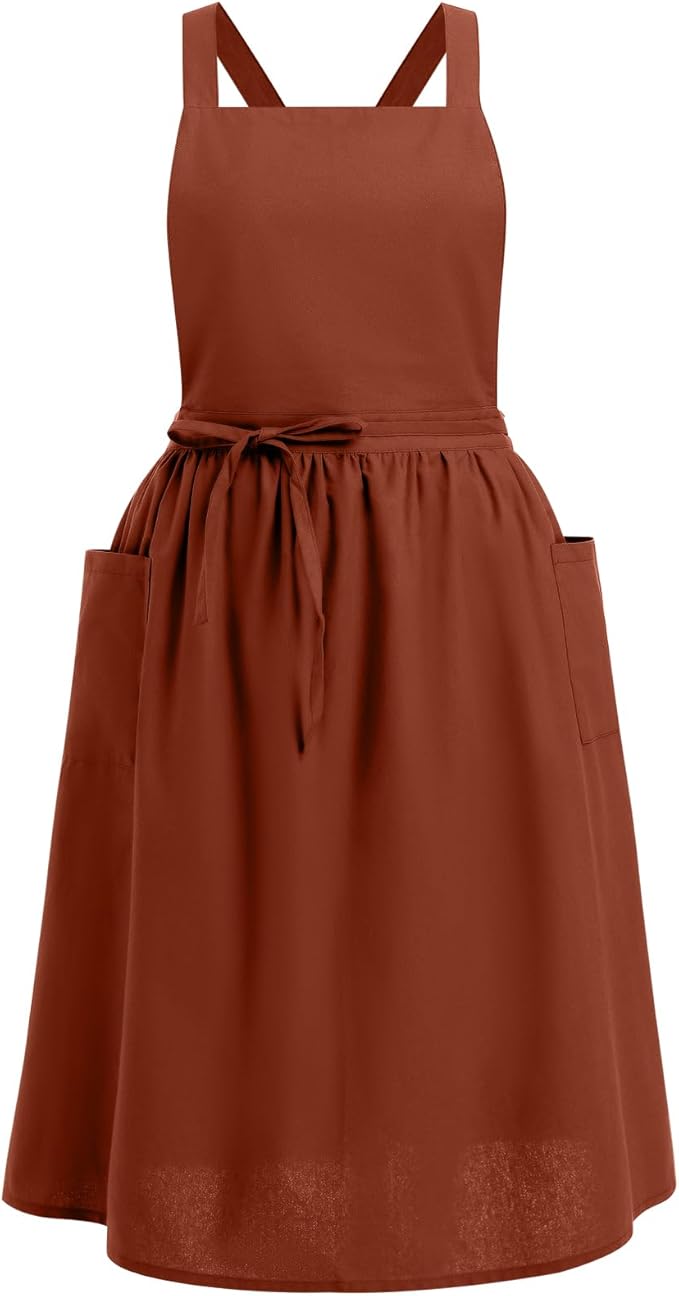 ODIZLI Frill Apron for Women Cotton Cross Back Vintage Ruffle Apron for Garden Cooking Aprons