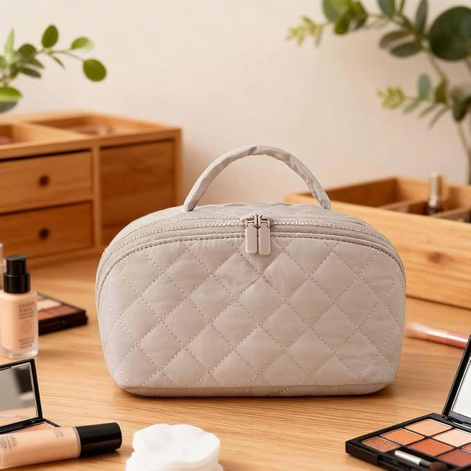 Petition Travel Makeup Bag For Women - Quilted Makeup Bag,180° Open Lay-Flat Cosmetic Case,5 Colors Large Capacity Waterproof Make Up Bag Set,With Compartments (White+Khaki)