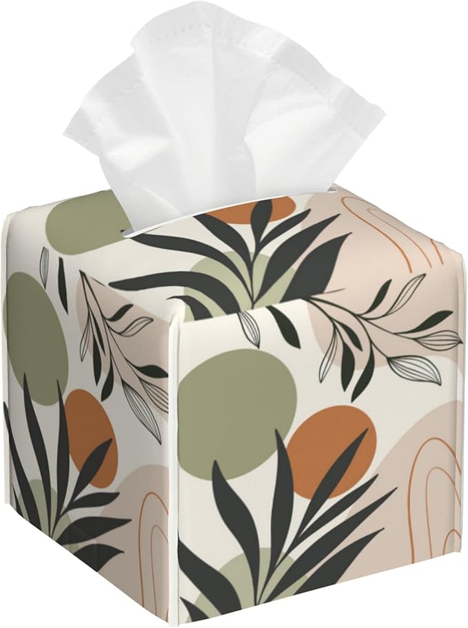 BLYKVGHQ Boho Geometric Art Square Tissue Box Cover Abstract Leaves Tissue Box Holder Facial Cube Paper Dispenser Leather Decorative Organizer Home Office Desk Decor, 5.2"x5.2"x5.2"