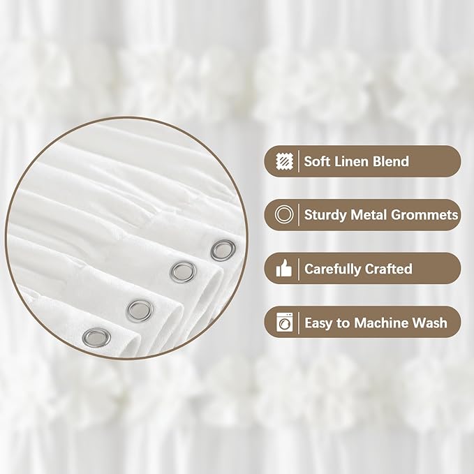 XOGUIBO Ruffle Shower Curtain with Handmade Bow Tie,Vintage Farmhouse Shower Curtain for Bathroom, Cotton White,72" W x 72" H