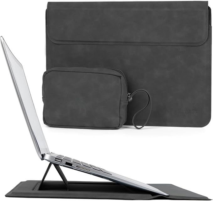 Allinside 13-14 Inch Laptop Sleeve Case for MacBook Pro 14" 2021-2024/MacBook Air 13" 2010-2017/MacBook Pro 13" 2010-2015, Waterproof Matte PU Leather Sleeve Cover with Stand & Accessory Pouch, Black