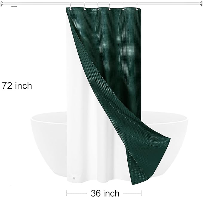 Craidlela 3 in 1 Stall Half Size Dark Green Shower Curtain Set-36 W x 72 H, Modern Waffle Waterproof Fabric and PEVA Liner Set with Stainless Steel Hooks