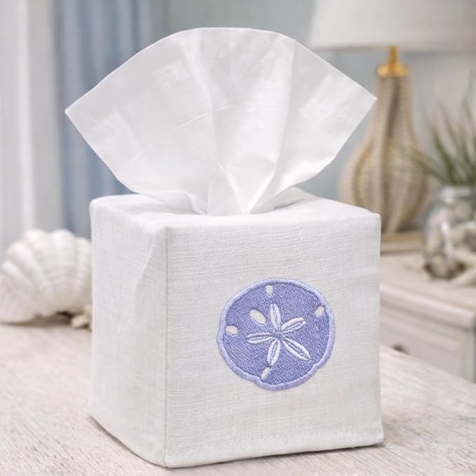 Jacaranda Living Square Tissue Box Cover, Linen/Cotton Fabric Tissue Holder, Decorative Cloth Tissue Cube Cover, Coastal Designs Crab (Aqua)
