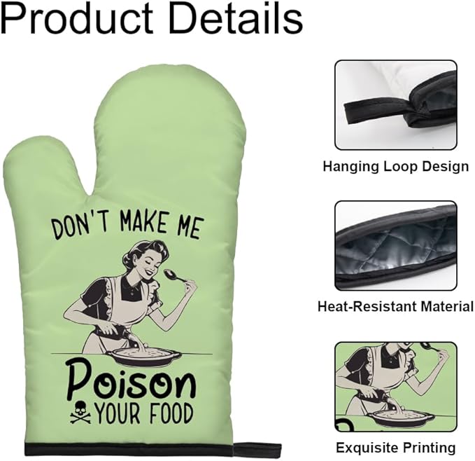 DYJYBMY Don't Make Me Poison Your Food Funny Oven Mitts and Pot Holder Set, Funny Vintage Lady Kitchen Gadgets for Women, Housewarming Gifts for Chef Friend, Baking Gifts for Mom Sister BFF (LS)