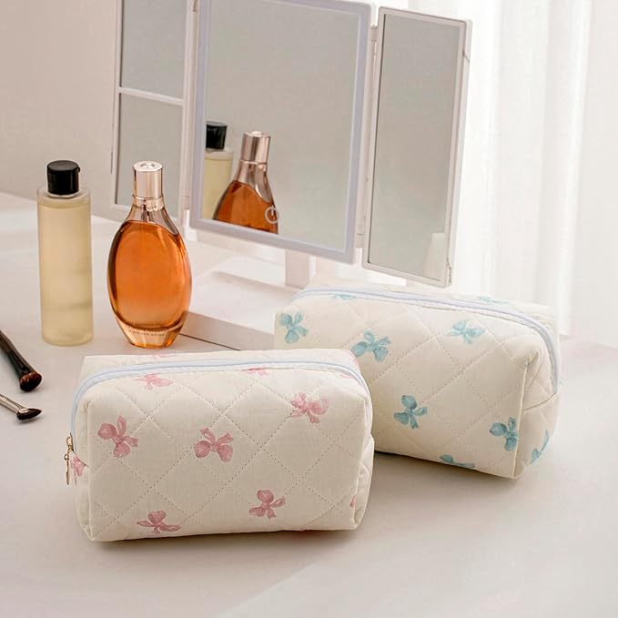 Gleyemor 2 Pieces Quilted Makeup Bag, Cute Floral Cosmetic Bag for Women, Cotton Make Up Bag Set, Flower Travel Toiletry Bag Tote Bag Organizer (Blue Floral+ Blue Bowknot)