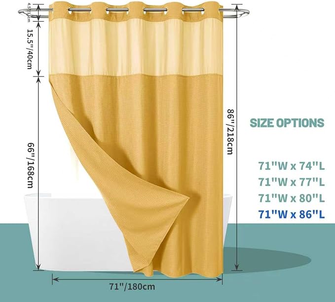 eachope Gold No Hook Waffle Weave Shower Curtain with snap-in Liner Replacement, 230GSM Waterproof Fabric Hotel Shower Curtain Set for Bathroom, Through Mesh Top Window,71Wx86H