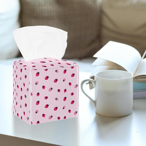 2 Pack Pink Strawberry (2) Tissue Box Cover, Decorative Tissue Box Dispenser for Bathroom, Parlors, Office, Bedroom Dresser, Vanity Countertop, Nightstand, Car, and Desk