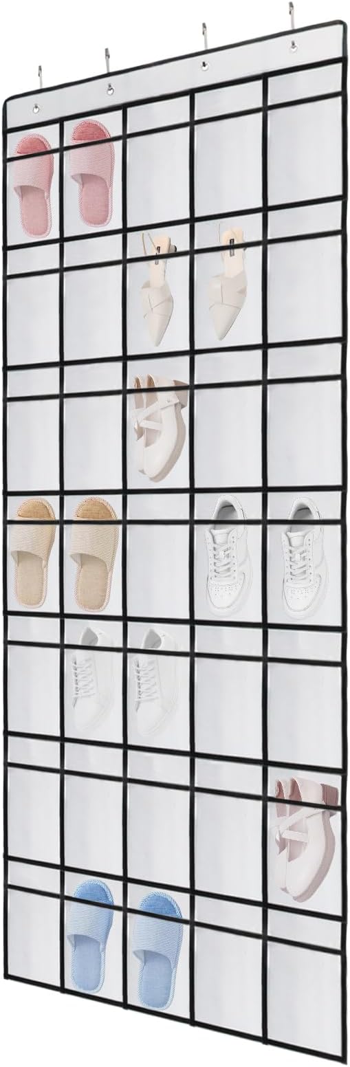 Auvotuis Over the Door Shoe Organizer, 35 Mesh Pockets Hanging Shoe Organizer with 4 Metal Hooks (White)