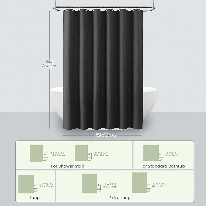 Inhousolu Fabric Shower Curtain Waffle Weave, 230 GSM Heavy Duty, Weighted Hem, 14 Metal Hooks, Water Repellent, Machine Washable, Hotel Spa Luxury Bath Curtain Set, 72 x 96 Inch, Black