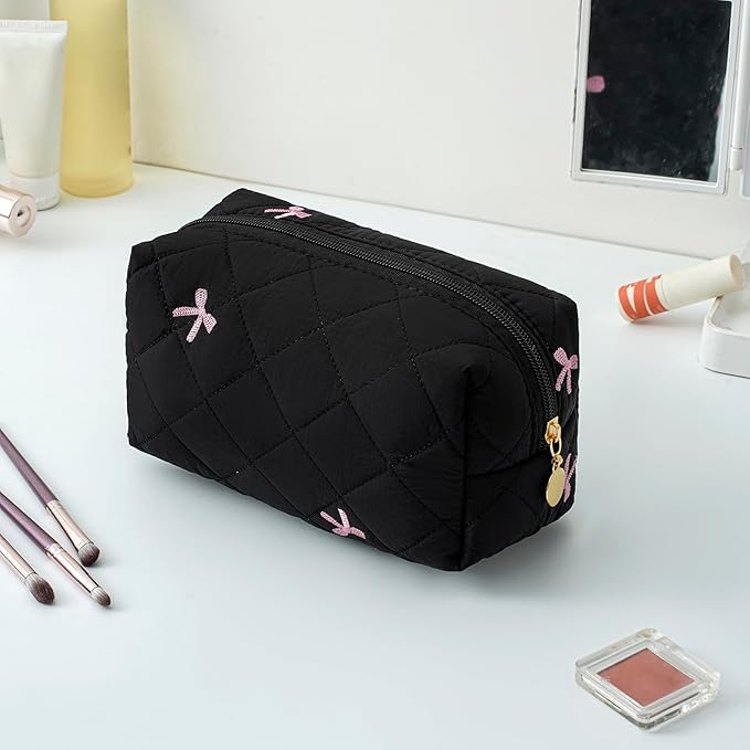 Gleyemor Small Quilted Makeup Bag for Women, Cute Floral Bow Cosmetic Bag, Emergency Bag Travel Toiletry Cotton Pouch Gifts for Girls Her Mom Friend Sister Bridesmaid (Black&Pink Bow)