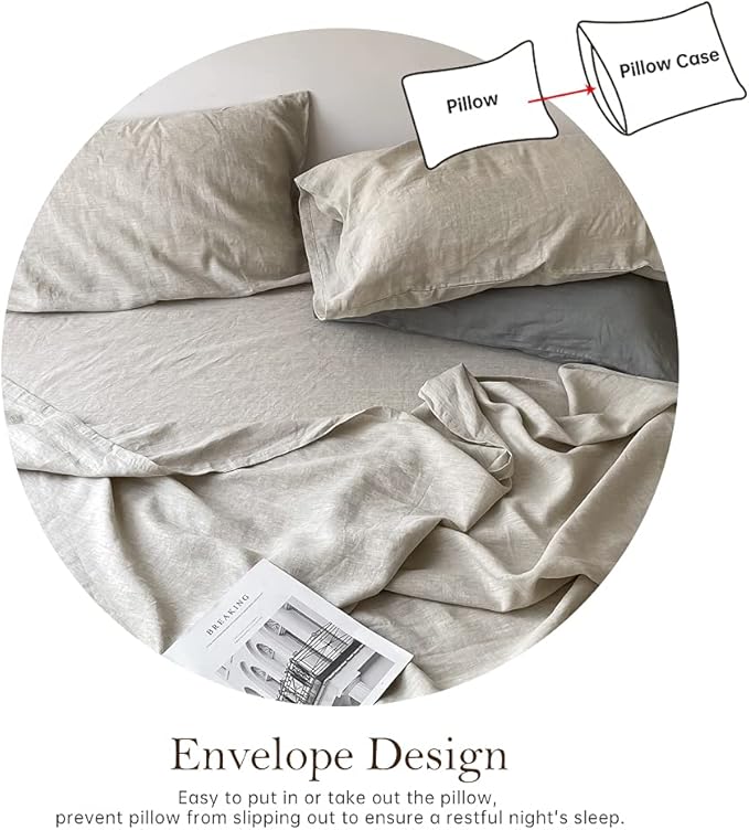 Simple&Opulence Washed Linen Bed Sheet Set Basic Style 4 Pieces (1 Flat Sheet & 1 Fitted Sheet & 2 Pillowcases) 100% Natural French Flax Soft Breathable Farmhouse Bedding (Queen, Linen)