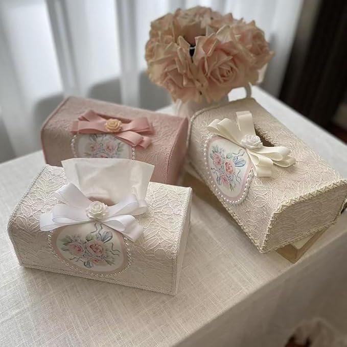 Tissue Cover Holder Fabric Art Cute Tissue Box Cover Dispenser Napkin Organizer for Bathroom Bedroom Office and Car (A-Beige)