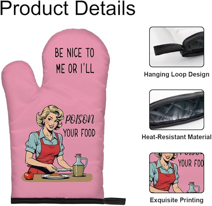 DYJYBMY Be Nice to Me Or I'll Poison Your Food Funny Oven Mitts and Pot Holder Set, Vintage Pink Kitchen Gadgets for Women, Baking Gifts for Mom Sister BFF Chef Friend Hostess Housewarming Gifts