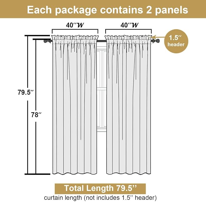 Lecloud Bessie Hunter Green Curtains 78 Inches Long 2 Pcs, Airy Home Decor Living Room Curtains for Bedroom Decor, Light Filtering Rod Pockets Elegant Drapes for Dining Room, Each 40" W x 78" L