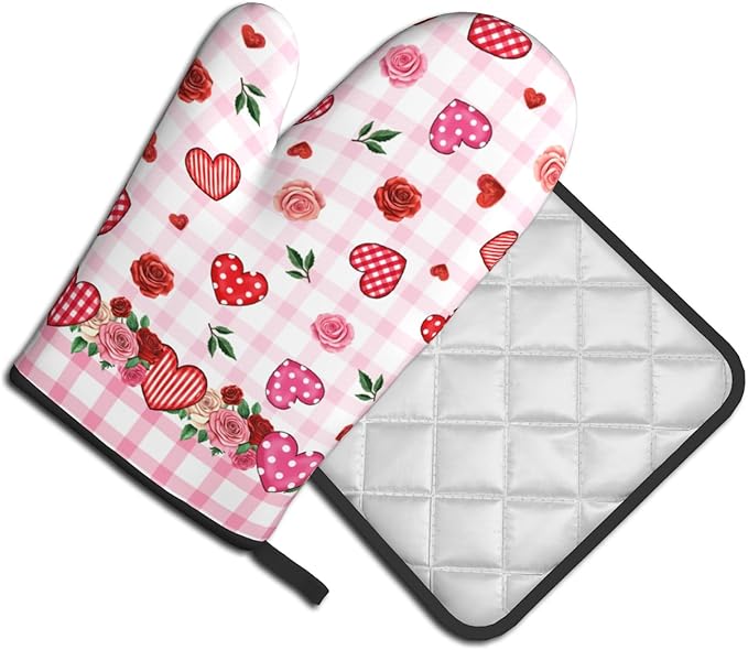 Mother’s Day Rose Flowers Kitchen Gloves Hot Pads Sets 2Pcs，Red Love Hearts Stripe Buffalo Plaid Heat Resistant Oven Gloves Pot Holders for Chef Cooking Baking Kitchen Decoration