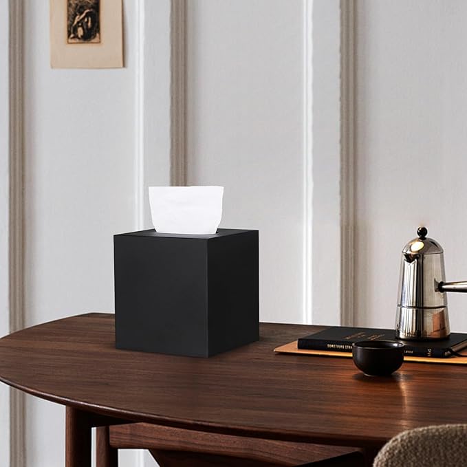 HOUSE DIARY Metal Square Tissue Box lid, Modern Facial Tissue Holder for Bathroom Vanity Tops, Bedroom Dressers, Nightstands, Desks, Offices (Black)