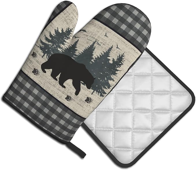 Rustic Vintage Bear Oven Mitt and Pot Holders 2Pcs Sets Heat Resistant Forest Cabin Wildlife Kitchen Gloves Potholder Farm Buffalo Plaid Hot Pads for Chef Cooking, Baking, Grilling