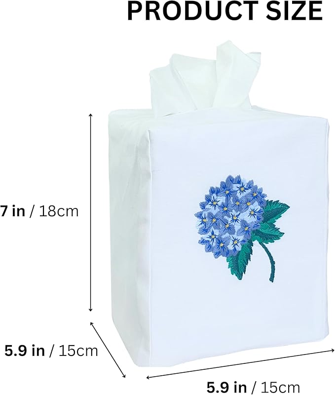 Fabric Tissue Box Cover Set of 2, Vintage Floral Embroidery Hydrangea Tissue Holder, Bouquet Wrapping Bag, Car Tissue Holder, Tissues Box Cover Square 5.9"X5.9"X7", White Square Tissue Box Cover