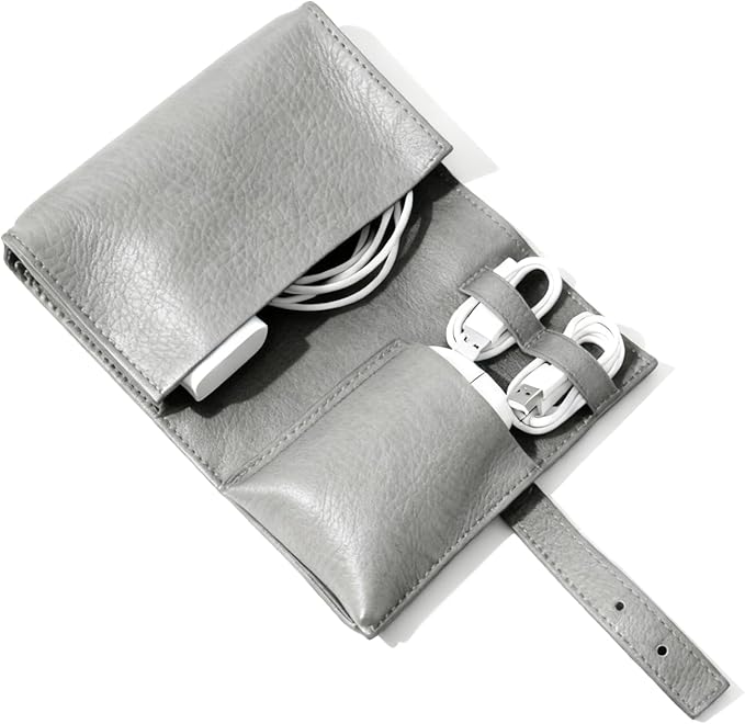 DUWUZEST Vintage leather Electronic organizer travel case,cord organizer travel, Leather charger shortage for essentials mouse, adapter, cables (white grey)