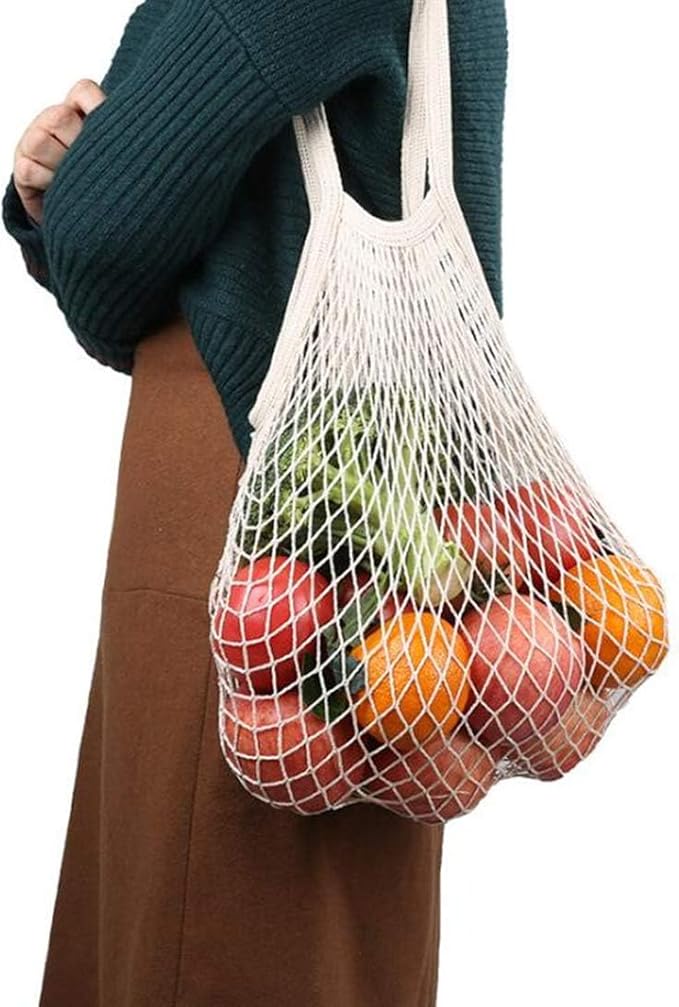 JM-capricorns 4 Pack Portable Reusable Grocery Bags Fruit and Vegetable Bag Washable Cotton Mesh String Organic Organizer Shopping Handbag Long Handle Net Tote (blue,Black,Beige,Orange)