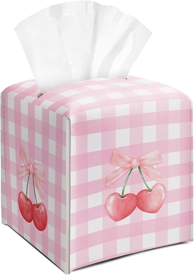 Pink Bow Cherry Tissue Box Cover Square, Leather Tissue Holder with Bottom Belt, for Nightstands Desks Office Bathroom Car Vanity Home Decor Supplies -001